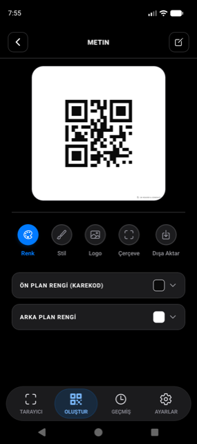QR code color, style, logo and frame customization screen