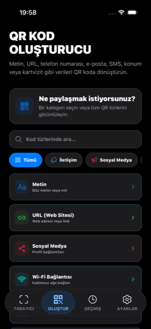 QR code generator categories screen