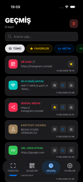 Scan and generation history screen