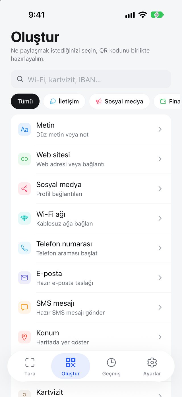 QR türü seçme ekranı